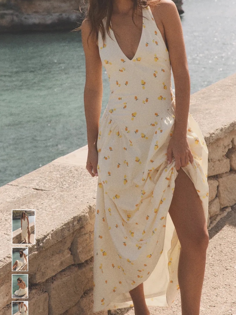 100% Cotton Halter Lemon Print Maxi Dress